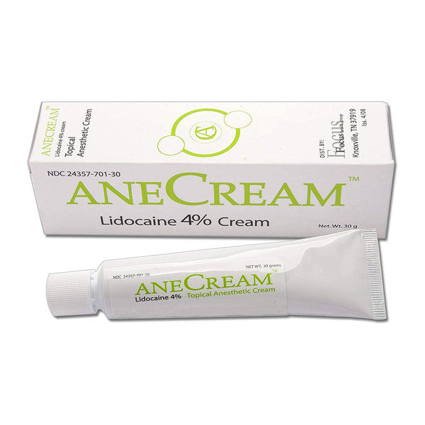 Anecream 4% ointment in a 1oz tube displayed on a medicine cabinet shelf, suitable for topical skin treatment.