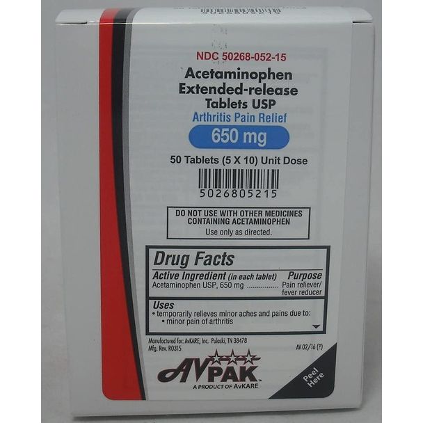 Pasteur Pharmacy medicine cabinet with AvPak Acetaminophen Extended-release Tablets in a bottle on the shelf.