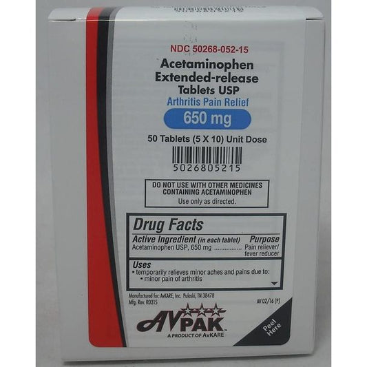 Pasteur Pharmacy medicine cabinet with AvPak Acetaminophen Extended-release Tablets in a bottle on the shelf.