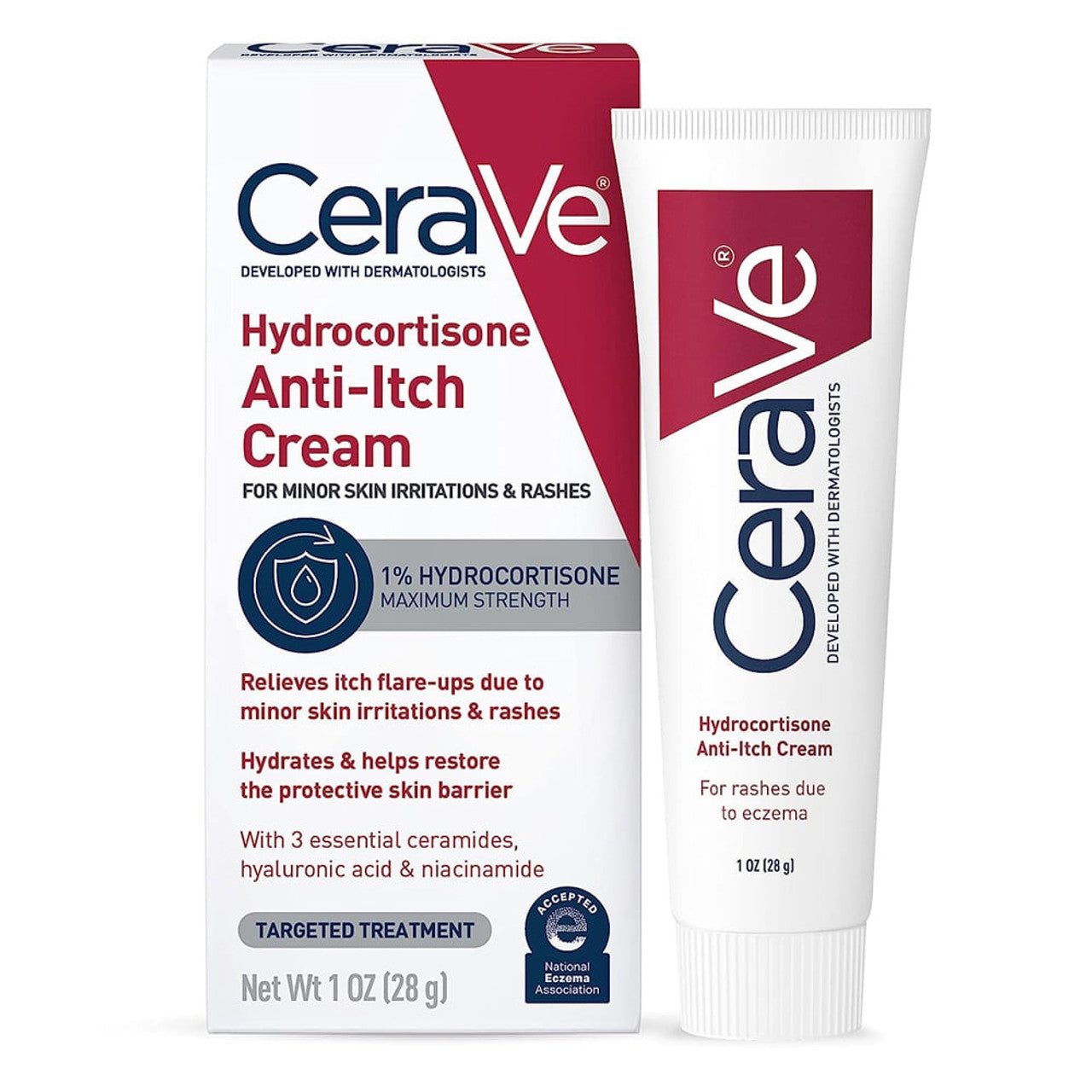 Cerave Hydrocortisone Anti-Itch Cream 1 Oz in medicine cabinet, featuring soothing skin relief treatment from Pasteur Pharmacy.