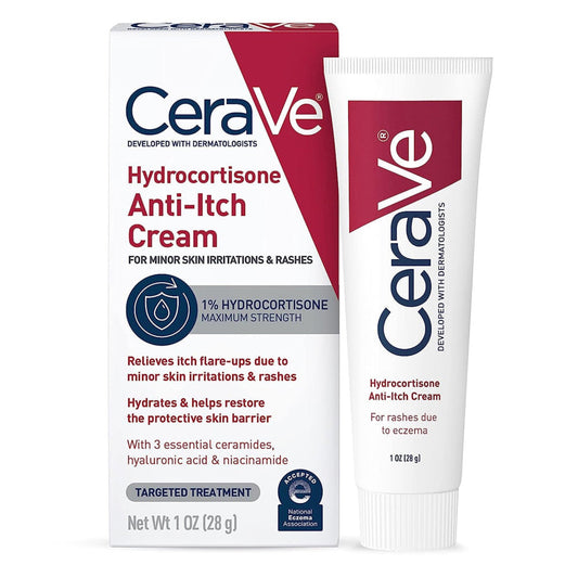 Cerave Hydrocortisone Anti-Itch Cream 1 Oz in medicine cabinet, featuring soothing skin relief treatment from Pasteur Pharmacy.
