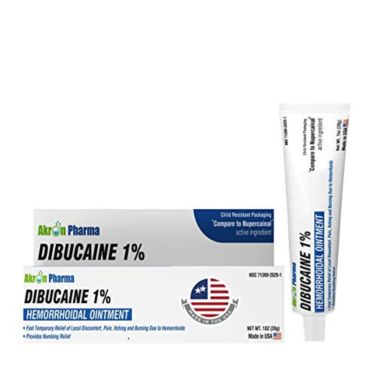 Dibucaine Ointment 1% in a 28g tube, displayed inside a Pasteur Pharmacy medicine cabinet.