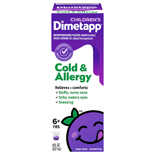 Bottle of Dimetapp Cold & Allergy Grape Flavor alcohol-free medicine in a Pasteur Pharmacy medicine cabinet.
