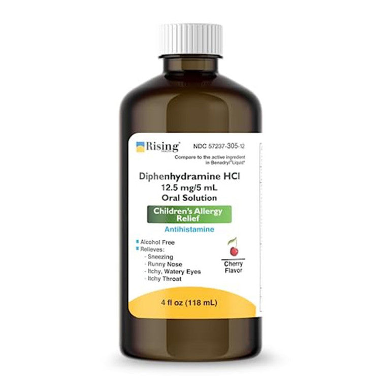 Kids allergy syrup bottle of Diphenhydramine Hcl 12.5 mg, 4 oz, in a medicine cabinet with label visible