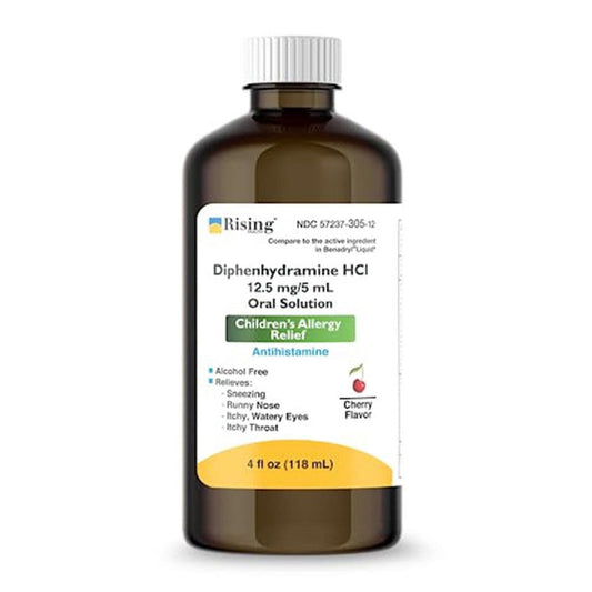 Kids allergy syrup bottle of Diphenhydramine Hcl 12.5 mg, 4 oz, in a medicine cabinet with label visible