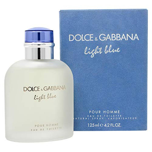 Dolce & Gabbana Light Blue Pour Homme fragrance bottle, 4.2 fl oz, displayed on a medicine cabinet shelf.