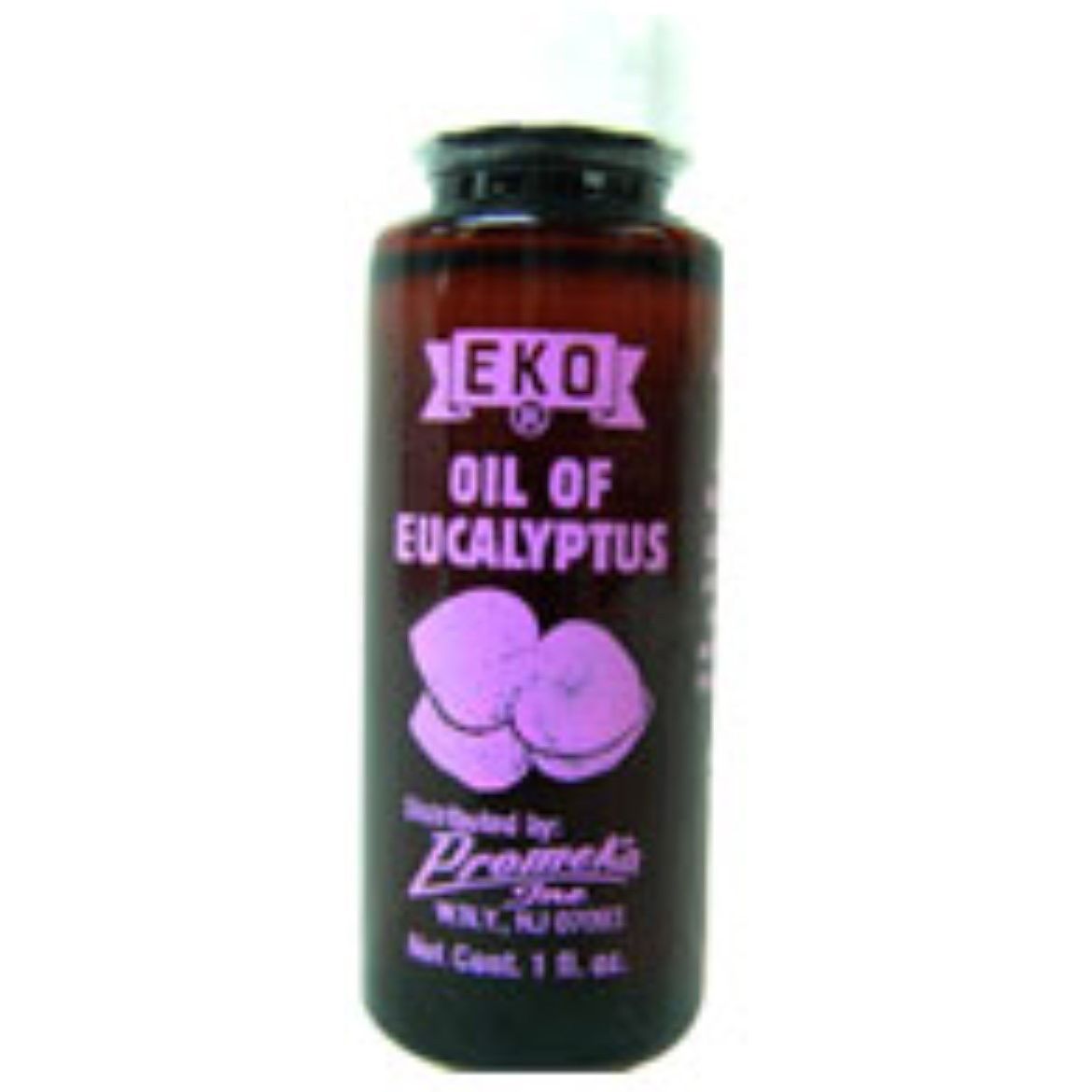 Bottle of Pasteur Pharmacy EKO Eucalyptus Oil, 100% pure essential oil in a 1 oz container, displayed near medicine cabinet shelves.