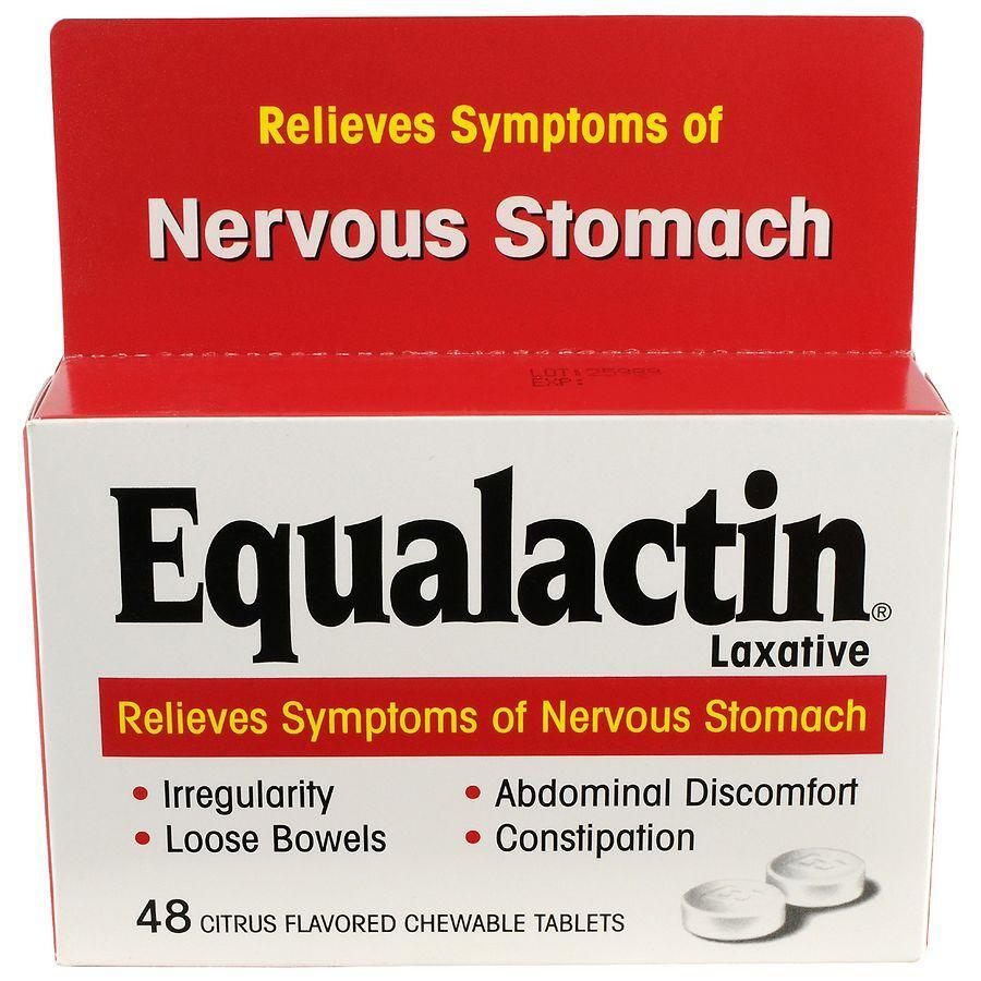 Equalactin Laxative Chewable Tablets in citrus flavor, 48-count box, stored in a medicine cabinet by Pasteur Pharmacy.