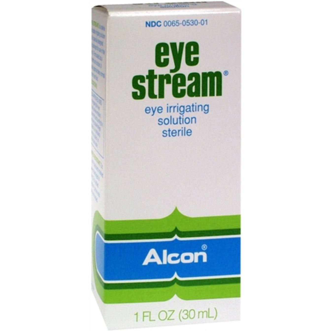 Eye Stream Alcon irrigating rinse solution in a 1 oz bottle, displayed in a medicine cabinet setting with clear labeling.