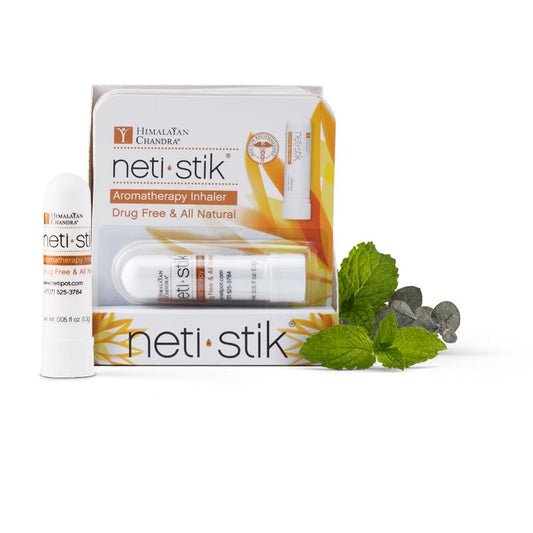 Himalayan Chandra Neti Stick aromatherapy inhaler from Pasteur Pharmacy, 0.2 oz, shown in a medicine cabinet.