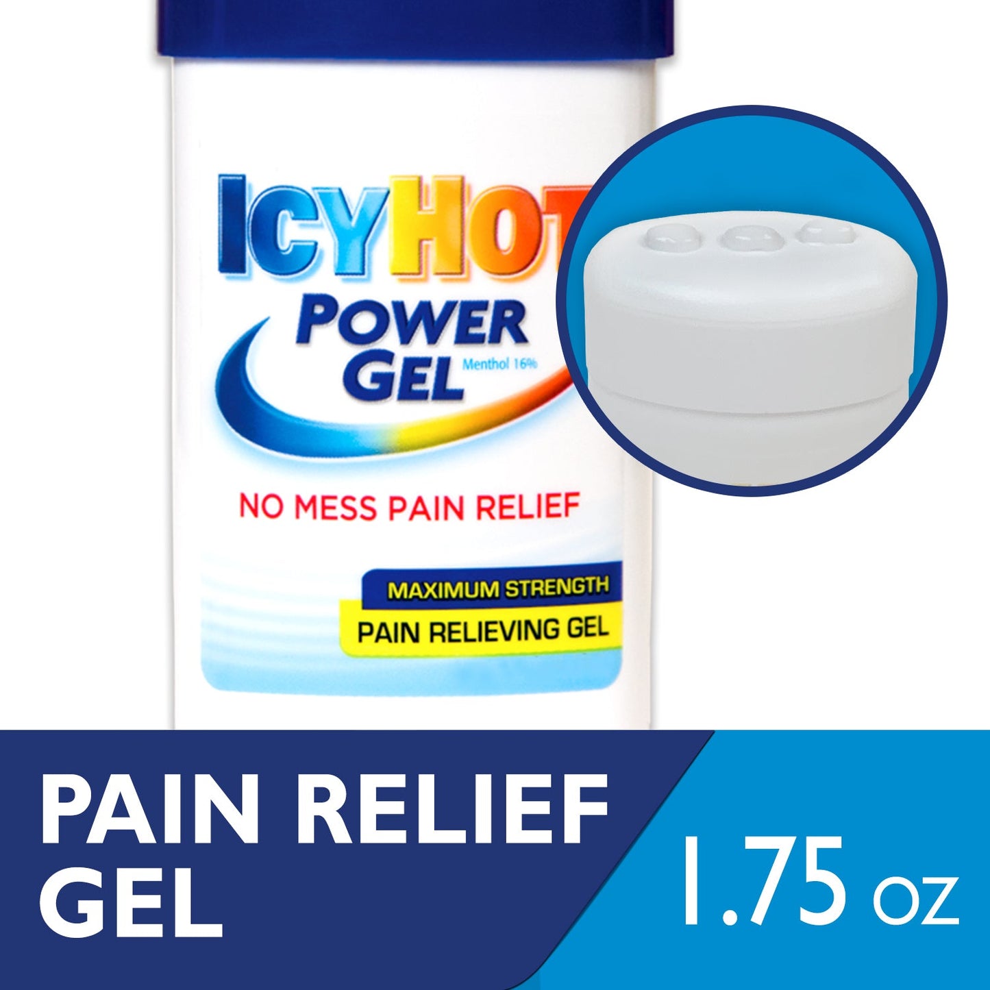 Icy Hot Power Gel pain relief gel in a tube, maximum strength, displayed on a medicine cabinet shelf.