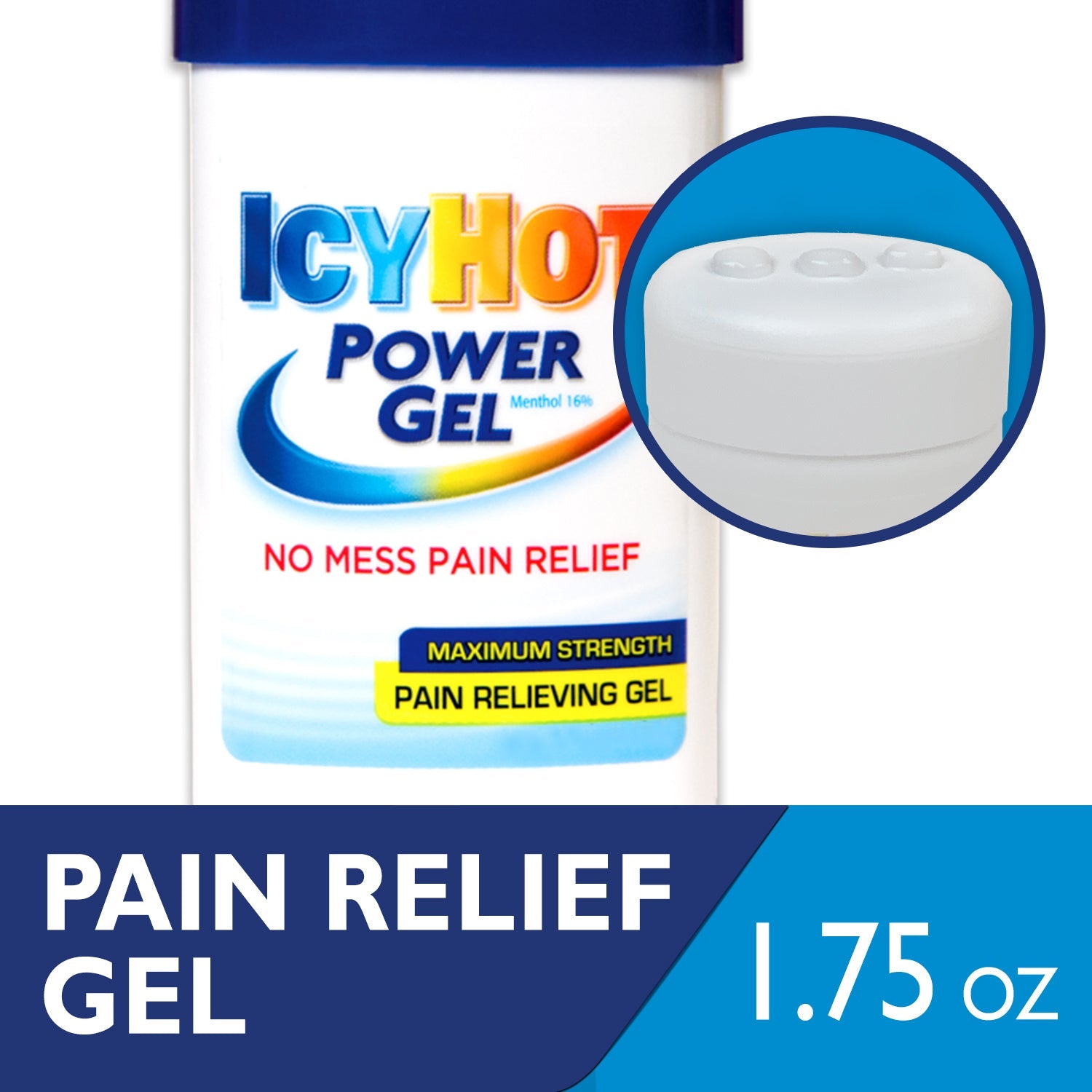 Icy Hot Power Gel pain relief gel in a tube, maximum strength, displayed on a medicine cabinet shelf.
