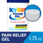 Icy Hot Power Gel pain relief gel in a tube, maximum strength, displayed on a medicine cabinet shelf.
