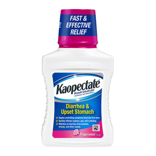 Pasteur Pharmacy Kaopectate peppermint medicine in 11 fl oz bottle, designed for diarrhea and upset stomach relief, stored in a medicine cabinet.
