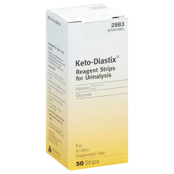 Keto-Diastix reagent strips for urinalysis in a medicine cabinet, used for detecting ketones and glucose levels in urine.