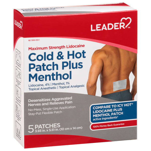 Leader Cold & Hot Patch Plus Menthol medicine cabinet, maximum strength, with patches visible on the packaging.