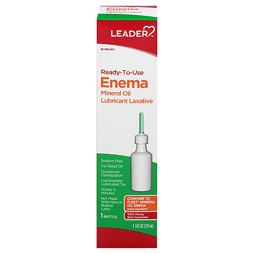 Mineral oil enema from Pasteur Pharmacy, ready to use, stored in a medicine cabinet for bowel relief and cleansing.