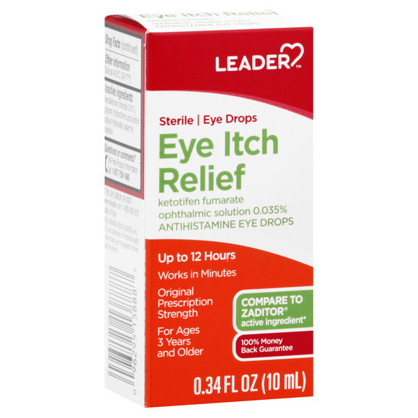 Leader Eye Itch Relief Solution eye drops in a small 0.34 oz bottle, designed for quick relief from eye itchiness.