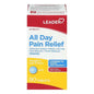 Leader Health Care All Day Pain Relief Tablets in a medicine cabinet, showing the packaging and blister pack.