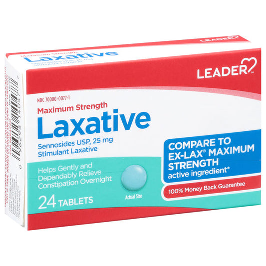 Leader Health Care Laxative tablets in a medicine cabinet, showing the packaging for maximum strength 25 mg dosage.