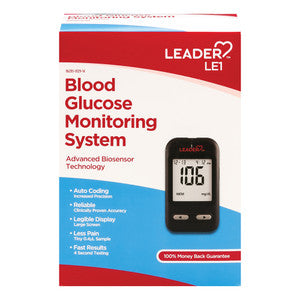 Leader Le1 blood glucose monitoring kit inside a medicine cabinet, showing the device and accessories for blood sugar testing.