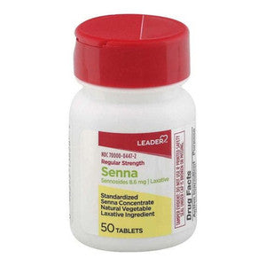 Leader Regular Strength Senna Laxative Tablets in a Pasteur Pharmacy medicine cabinet, showing the box and blister pack.