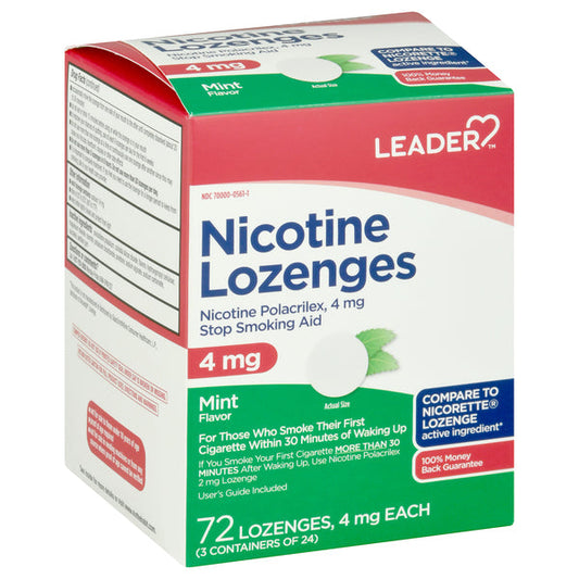 Leader Stop Smoking Aid 4 mg mint-flavored lozenges in a medicine cabinet, designed to help reduce cigarette cravings.