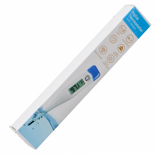 Digital Mabis Duro-Med thermometer with beeper and 60-second reading, displayed on a medicine cabinet shelf.