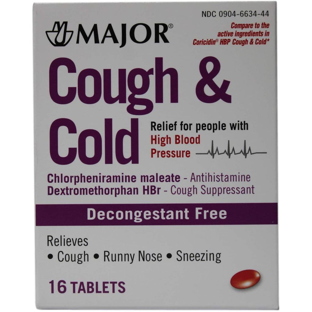 Box of Pasteur Pharmacy Major Cough & Cold Relief tablets for high blood pressure, showing the medication packaging and label.