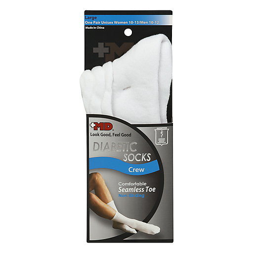 Pair of white diabetic crew socks by MD, large size, designed for comfort and support, shown in the product image.