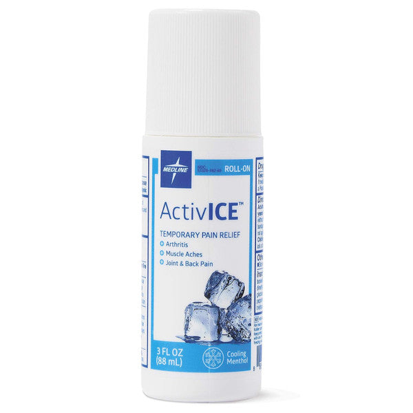 Medline Remedy Activice topical pain reliever roll-on in a 3 fl oz bottle, shown in a medicine cabinet with pharmacy branding.