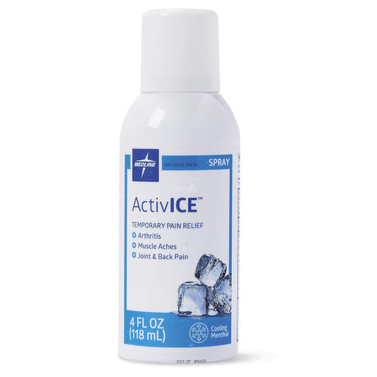 Medline Remedy Activice topical pain reliever spray in a 4 fl oz bottle, shown in a medicine cabinet setting.