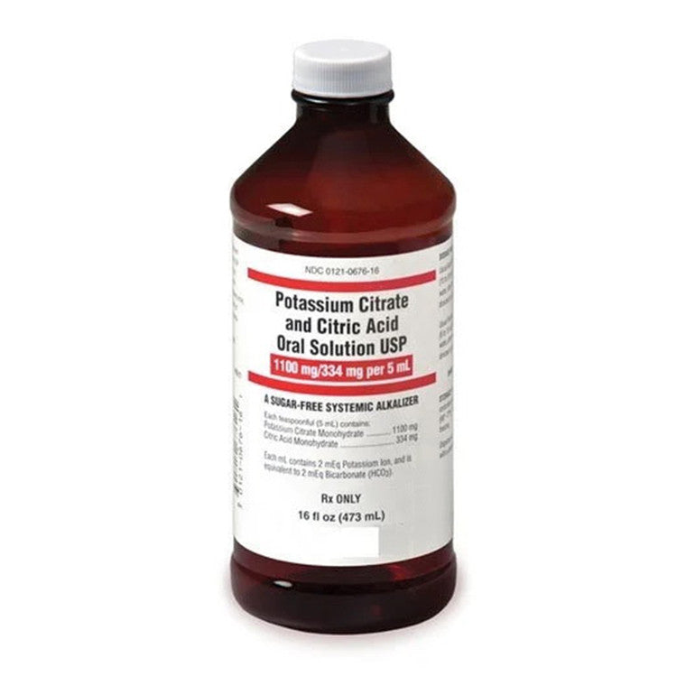 Bottle of Method Pharmaceuticals potassium citrate and citric acid oral solution in a medicine cabinet, 16 oz bottle.