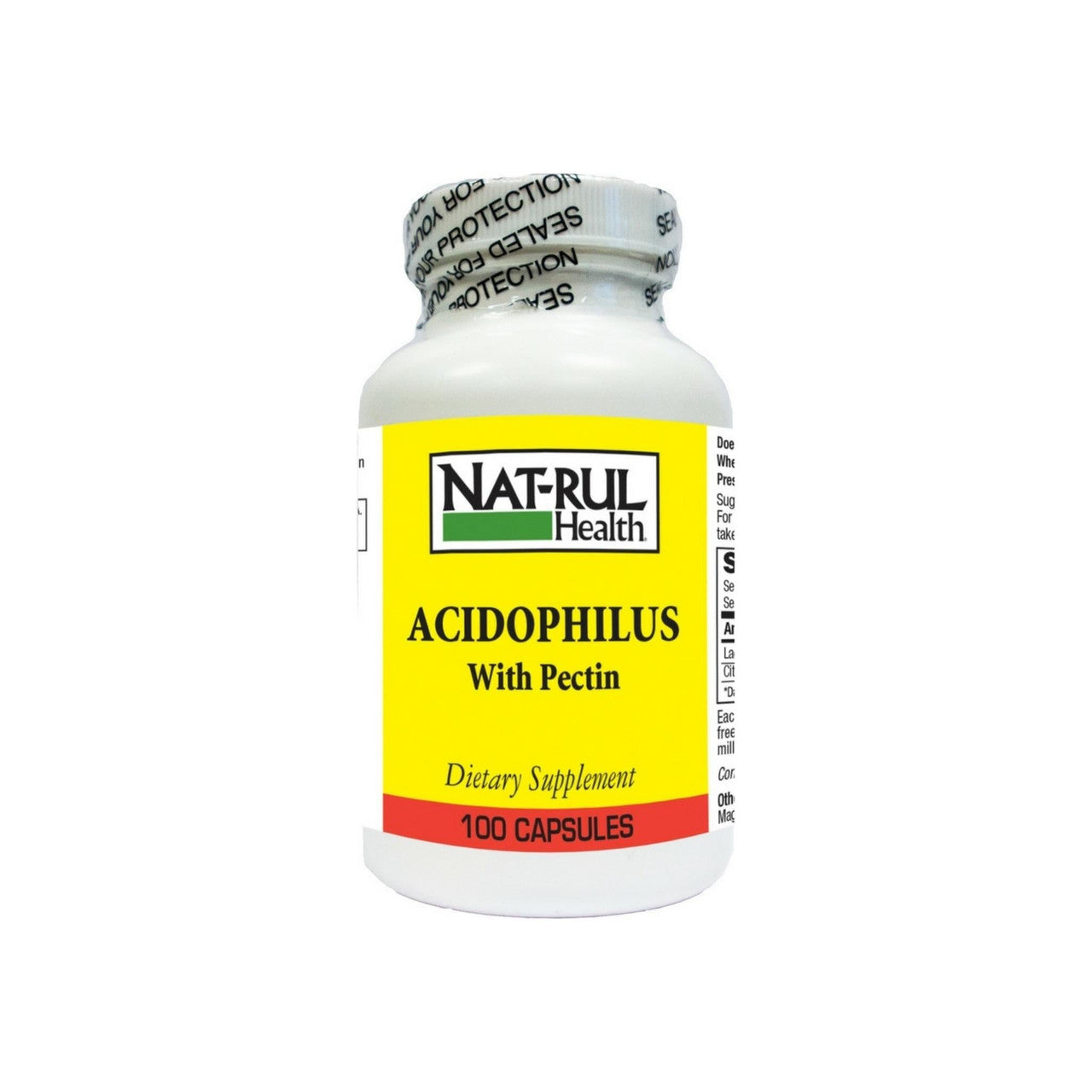 Nat-Rul Natural Acidophilus with Pectin capsules in a medicine cabinet, by Pasteur Pharmacy, promoting digestive health.