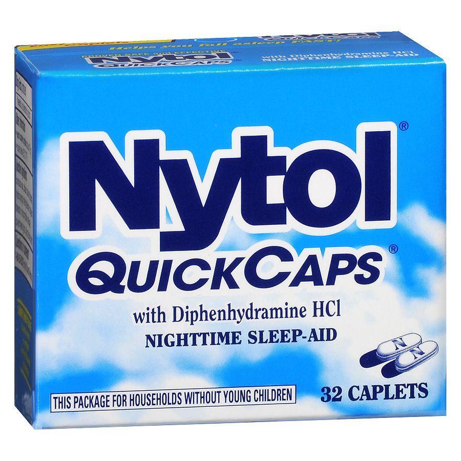 Pasteur Pharmacy Nytol Quick Caps nighttime sleep aid stored in a medicine cabinet, with packaging and capsules visible inside.