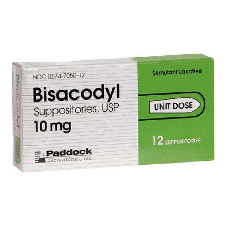Paddock Laboratories Bisacodyl Suppositories USP 10 mg in a medicine cabinet, with packaging and medication visible.
