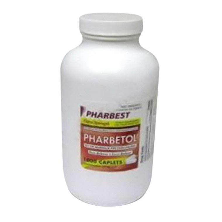 Pharbetol Acetaminophen Extra Strength tablets inside a medicine cabinet, stored in a Pasteur Pharmacy container.