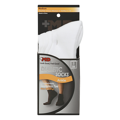 White Plus MD™ Diabetic Socks with seamless toe and ankle, medium size, designed for comfort and foot health.