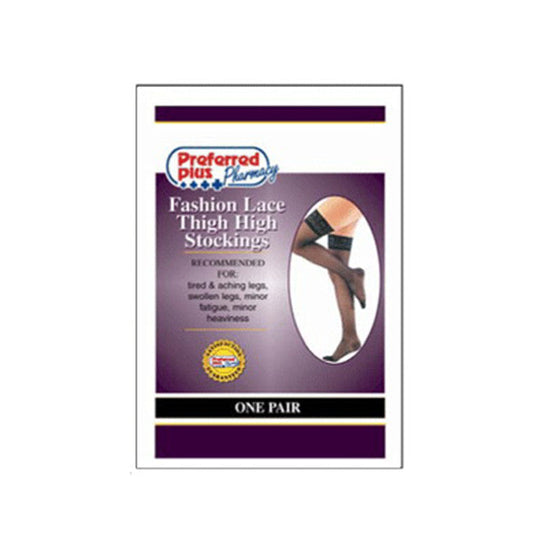 Scott Specialties moderate compression thigh-high stockings for improved circulation, shown hanging in a medicine cabinet.