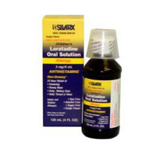 Bottle of Silarx Children's Loratadine Oral Solution in a Pasteur Pharmacy medicine cabinet, 4 fl oz, for allergy relief in kids.