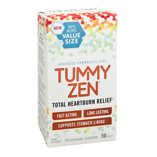 Pasteur Pharmacy medicine cabinet with Tummy Zen Total Heartburn Relief Caplets box on display.