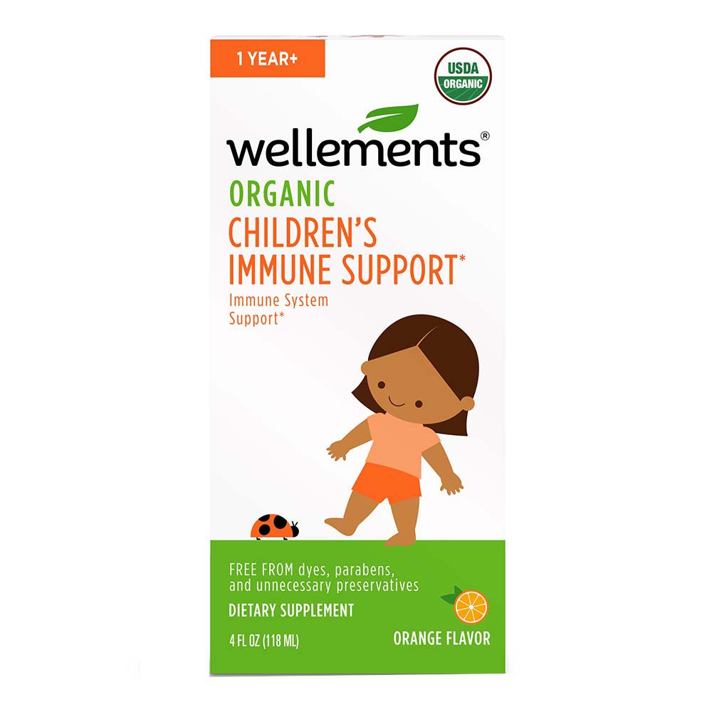 Wellements Organic Children's Immune Support in orange liquid bottle, displayed on medicine cabinet shelf.