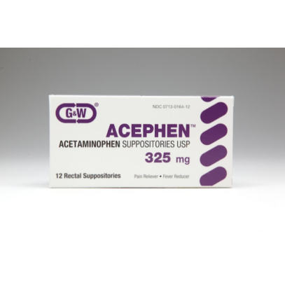 Acephen 325 mg Acetaminophen suppositories, fever reducer and pain reliever, by Pasteur Pharmacy, shown in the image.