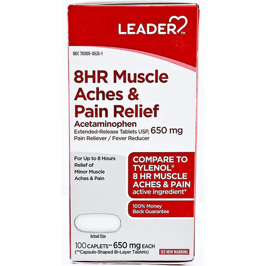 Bottle of Pasteur Pharmacy Acetaminophen 650mg Extended-Release Caplets, 100 count, for pain relief and fever reduction.