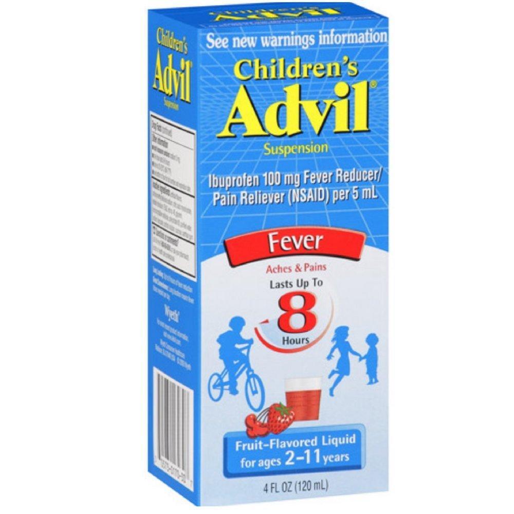 Advil Children's Liquid Suspension fever reducer and pain reliever with 100mg ibuprofen in fruit flavor, 4 fl oz box, by Pasteur Pharmacy.
