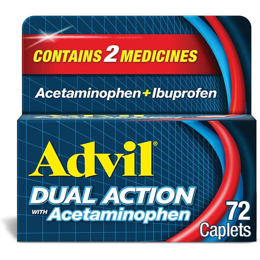 Advil Dual Action medicine with acetaminophen for back pain, 72 caplets in a box, by Pasteur Pharmacy.