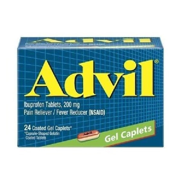 Advil Ibuprofen 200 mg pain reliever gel caplets in a blister pack, used for headache and muscle pain relief from Pasteur Pharmacy.