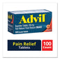 Pack of 100 Advil Ibuprofen 200 mg tablets for pain relief and fever reduction, displayed in a clear blister pack.