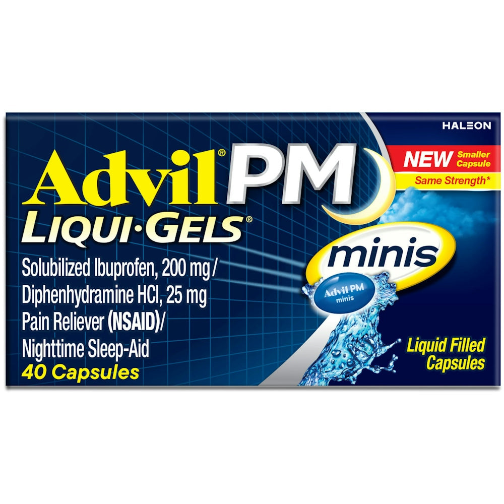 Advil PM Liqui-Gels Minis in a bottle, 40 liquid-filled capsules, used for pain relief and sleep aid, by Pasteur Pharmacy.