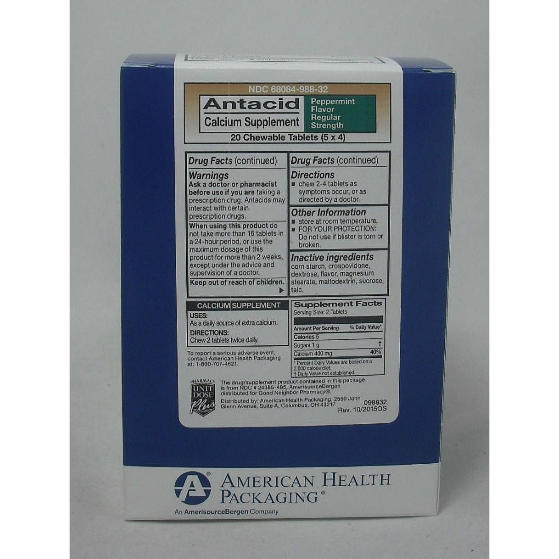 Ahpcoh Calcium Supplement chewable tablets with peppermint flavor, designed as antacid medicine from Pasteur Pharmacy.